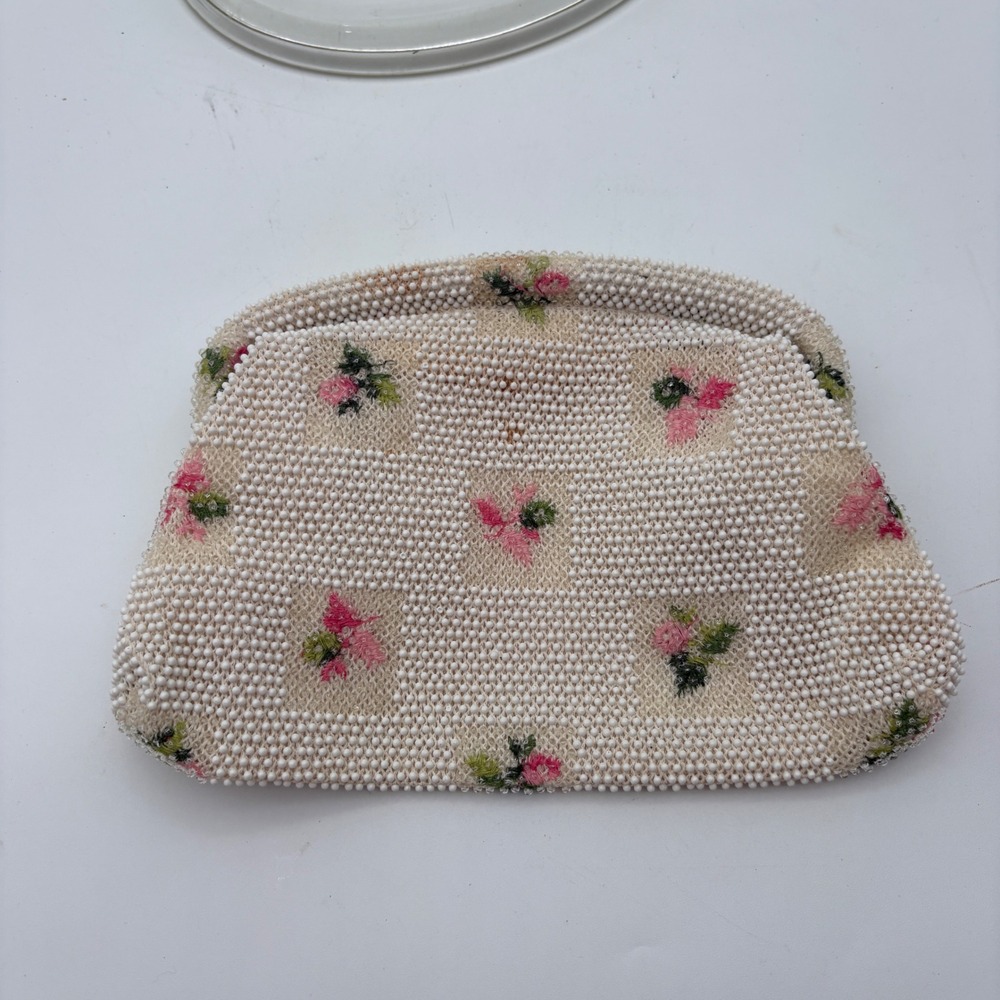 Lumured Vintage Beaded Floral Clutch Purse Cream Pink Rosebud Made in USA 1950s